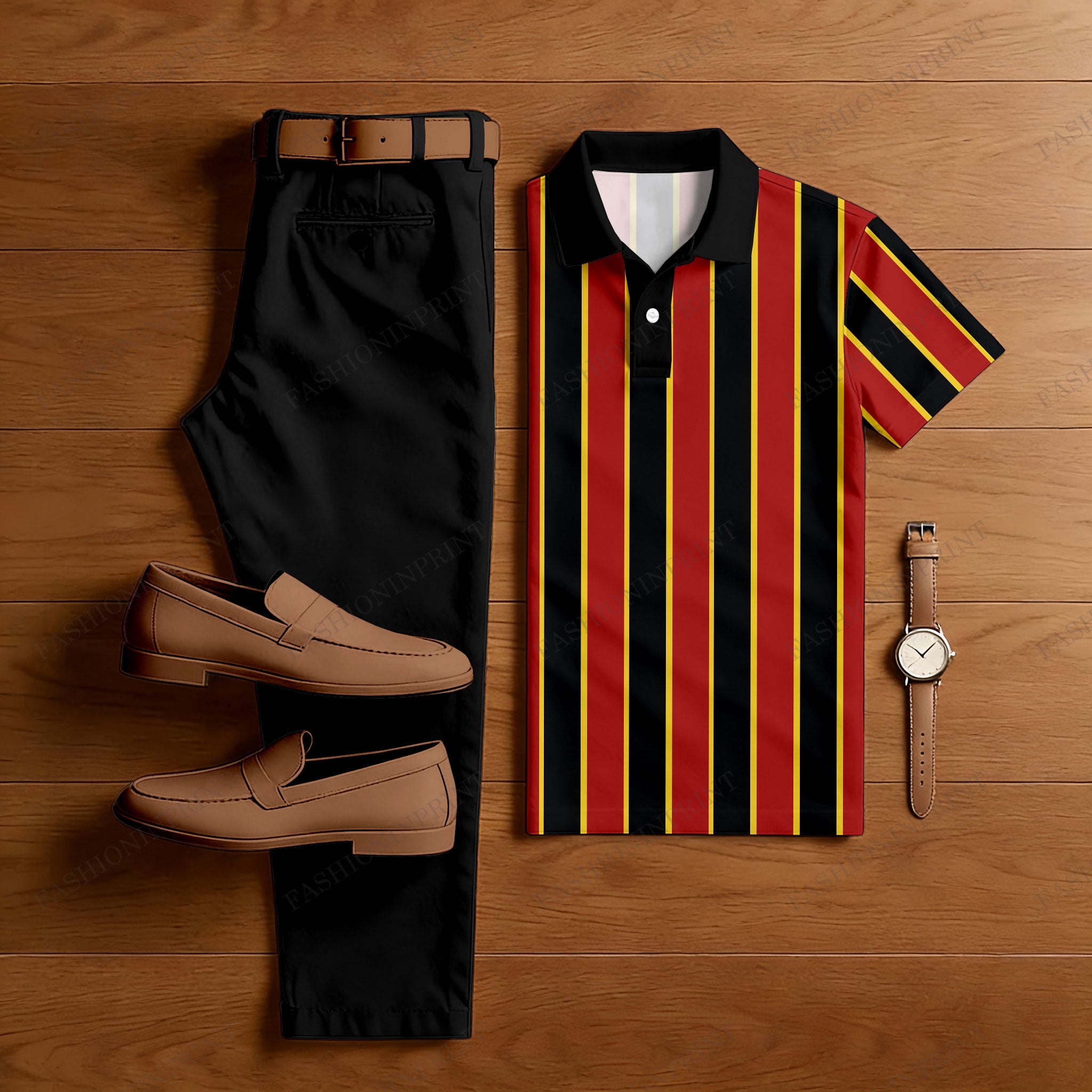 Men's Casual Black & Red Color Matching Striped Printed Short Sleeved Polo Shirt & Trousers Two-Piece Set