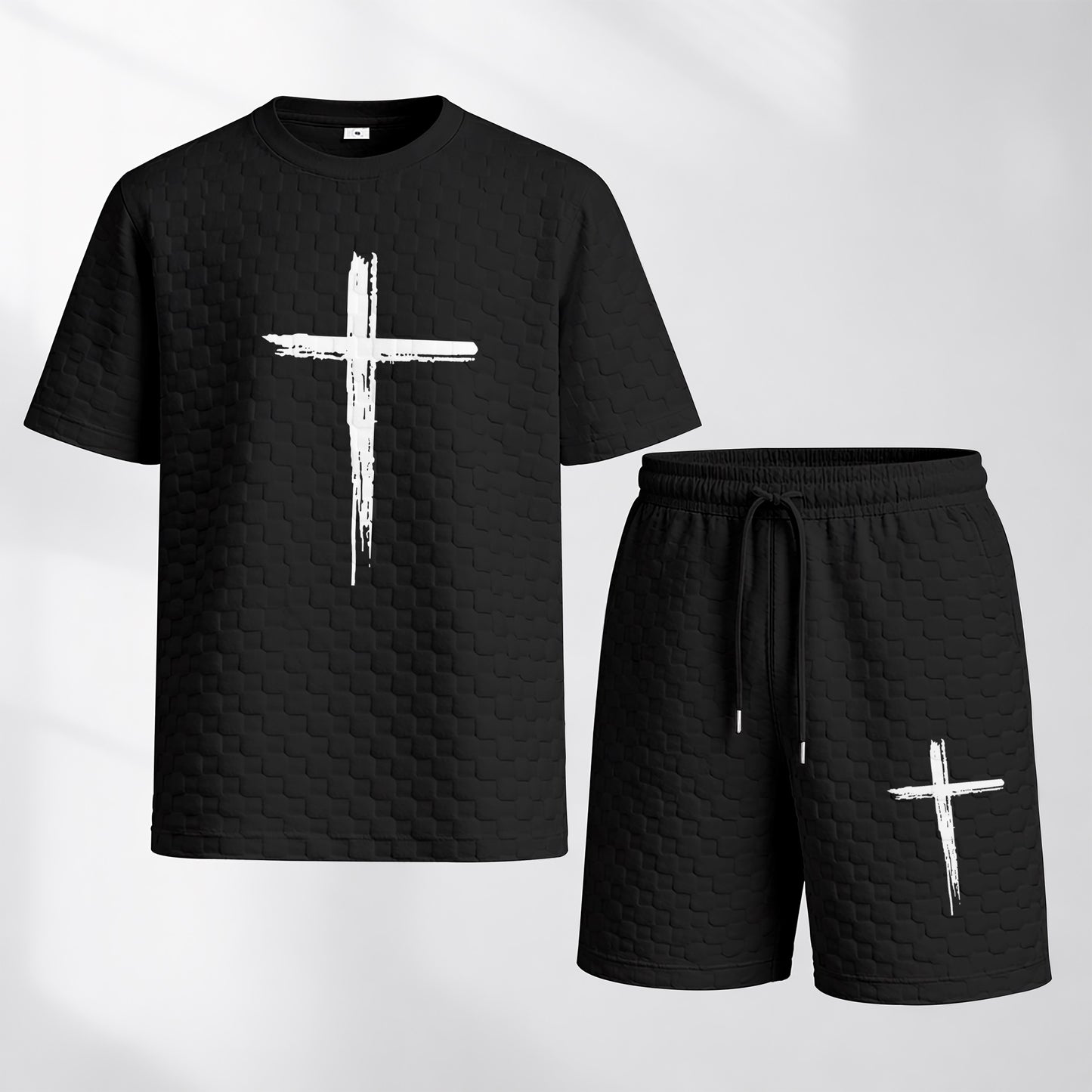 Men's Spring and Summer Cross Print Checkered Fabric Drawstring Shorts Set, Casual Summer Outfit with Short-Sleeved Shirt and Shorts, Ideal for Everyday Wear and Sports Activities