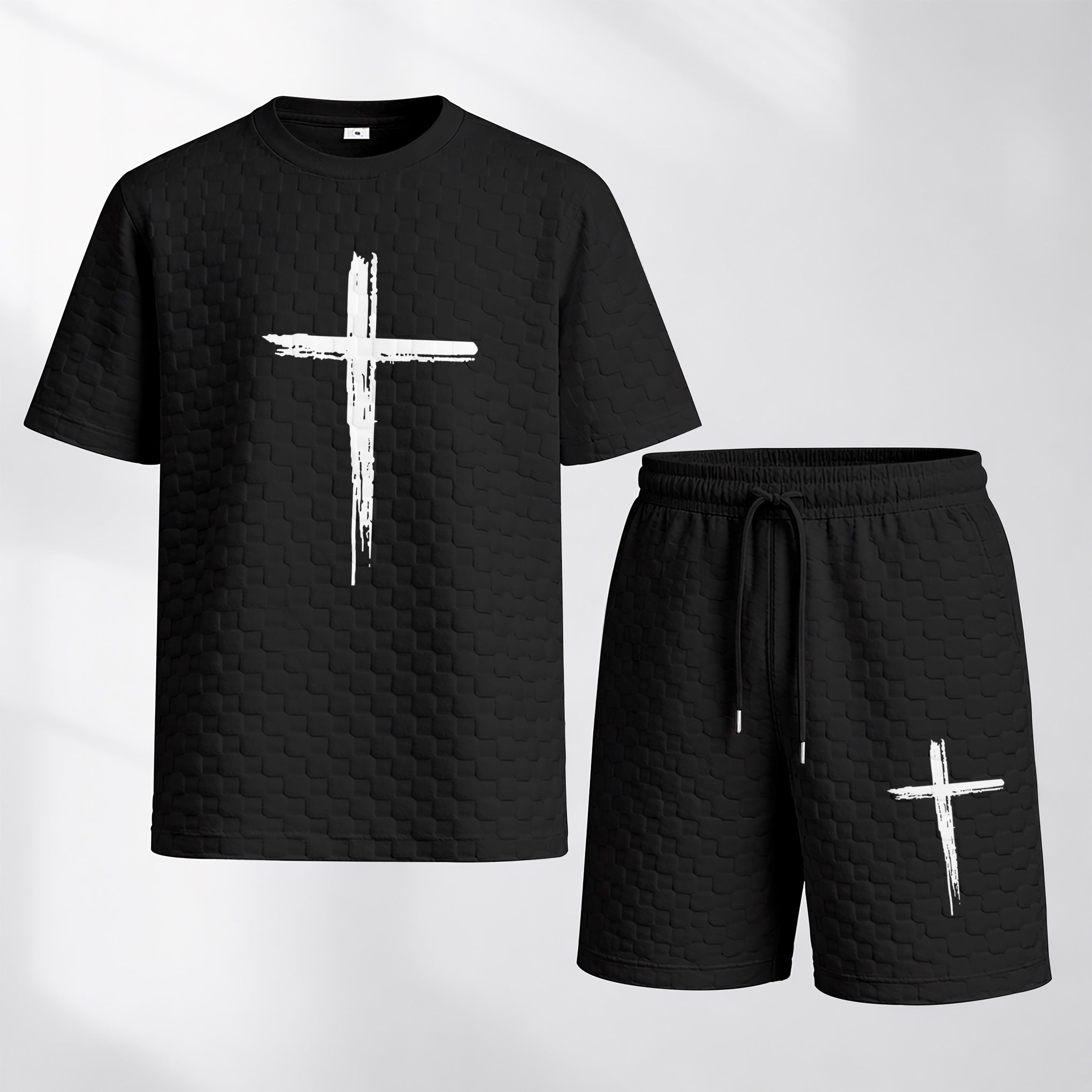 Men's Spring and Summer Cross Print Checkered Fabric Drawstring Shorts Set, Casual Summer Outfit with Short-Sleeved Shirt and Shorts, Ideal for Everyday Wear and Sports Activities