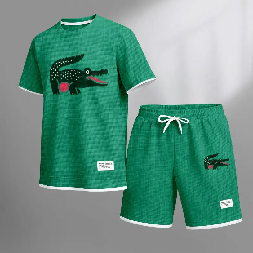 Men's Funny Crocodile Print Waffle Fabric Short-Sleeved Shirt And Shorts Set