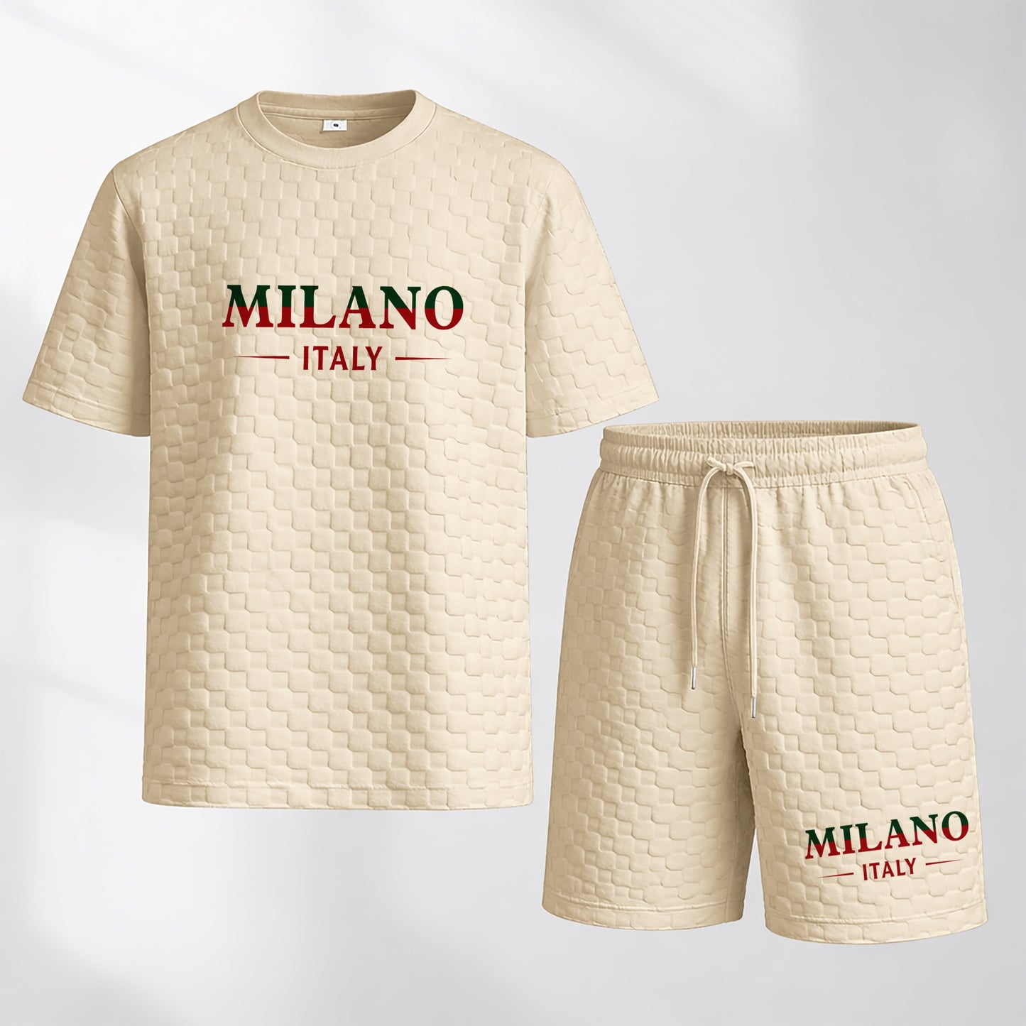 Men's Spring and Summer Milan Letter Print Checkered Fabric Drawstring Shorts Set, Casual Summer Outfit with Short-Sleeved Shirt and Shorts, Ideal for Everyday Wear and Sports Activities