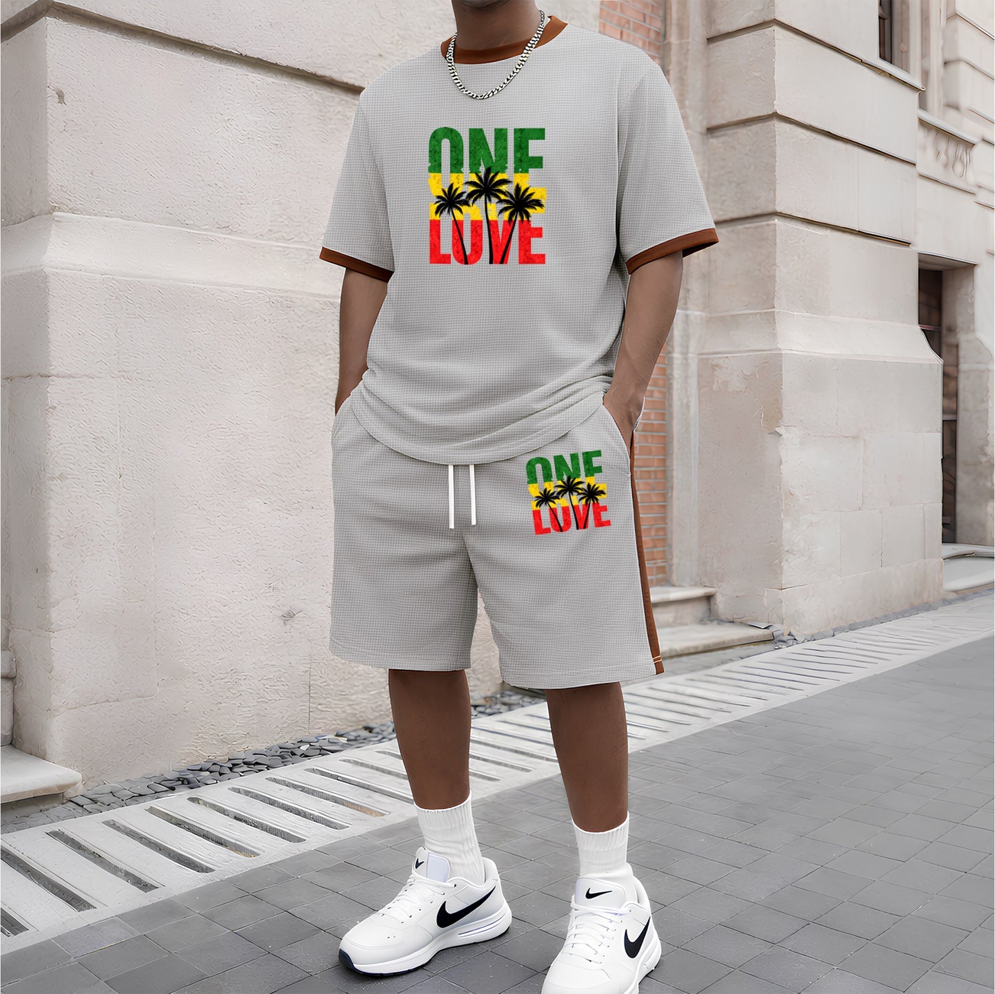 Men's Pattern Short-Sleeve T-Shirt and Drawstring Shorts Set, Men's Clothing, Casual Sporty Short-Sleeve Top and Shorts, Summer Men's Everyday Wear, Indoor and Outdoor Sportswear, Athletic Set