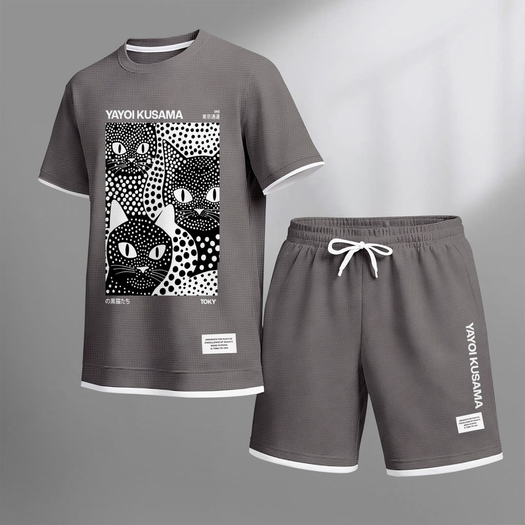 Men's Polka-Dot Black Cat Print Waffle Fabric Short-Sleeved Shirt And Shorts Set