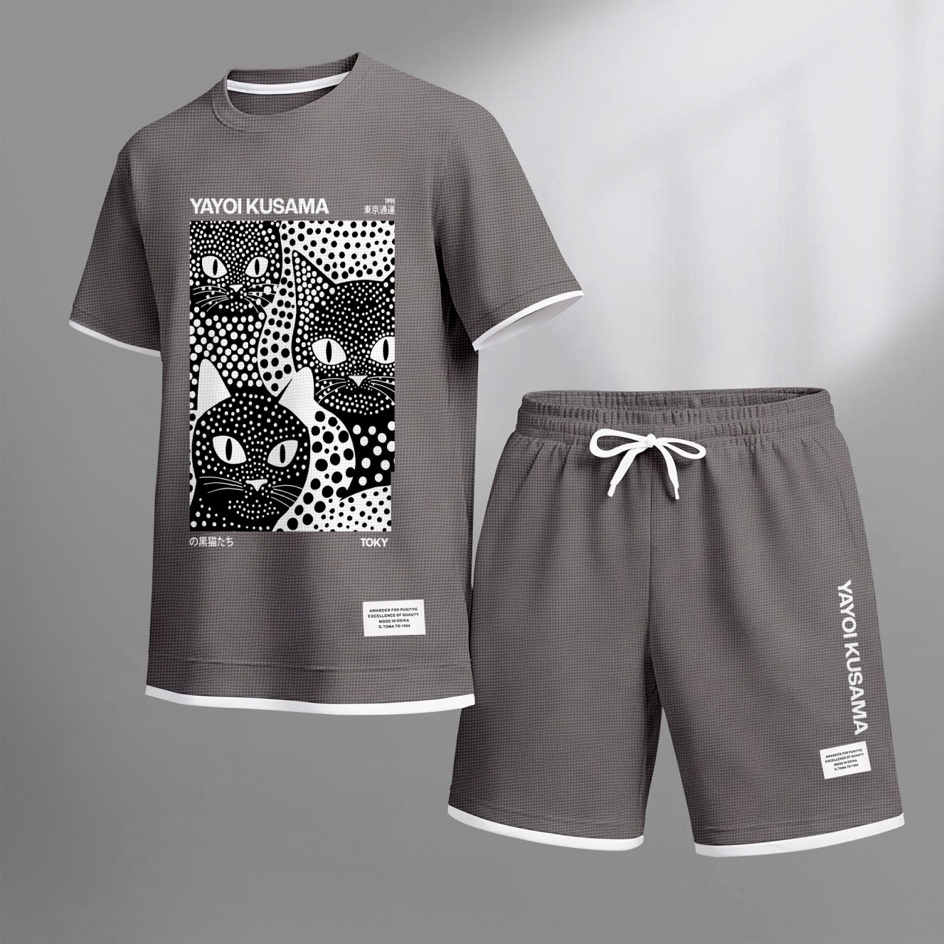 Men's Polka-Dot Black Cat Print Waffle Fabric Short-Sleeved Shirt And Shorts Set
