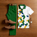Men's Casual Green & White Color Matching Geometric Printed Short Sleeved Polo Shirt & Trousers Two-Piece Set 201987