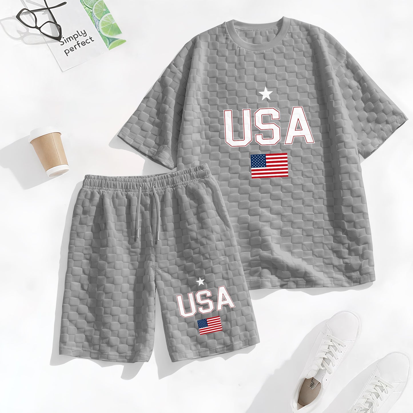 Men's Spring and Summer USA Letter Print with Flag Checkered Fabric Drawstring Shorts Set, Casual Summer Outfit with Short-Sleeved Shirt and Shorts, Ideal for Everyday Wear and Sports Activities
