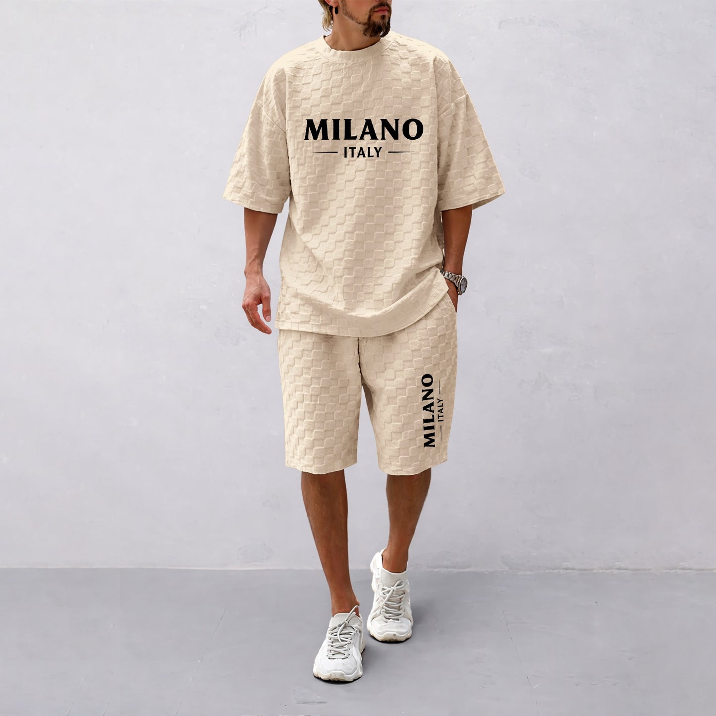 Men's Spring and Summer Milan Letter Print Checkered Fabric Drawstring Shorts Set, Casual Summer Outfit with Short-Sleeved Shirt and Shorts, Ideal for Everyday Wear and Sports Activities.