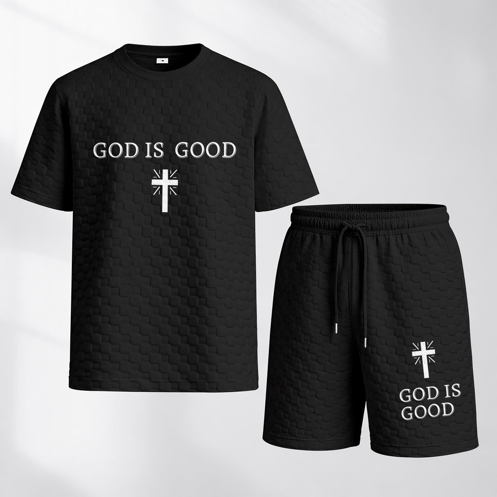 Men's Spring and Summer God is Good Letter Print Checkered Fabric Drawstring Shorts Set, Casual Summer Outfit with Short-Sleeved Shirt and Shorts, Ideal for Everyday Wear and Sports Activities