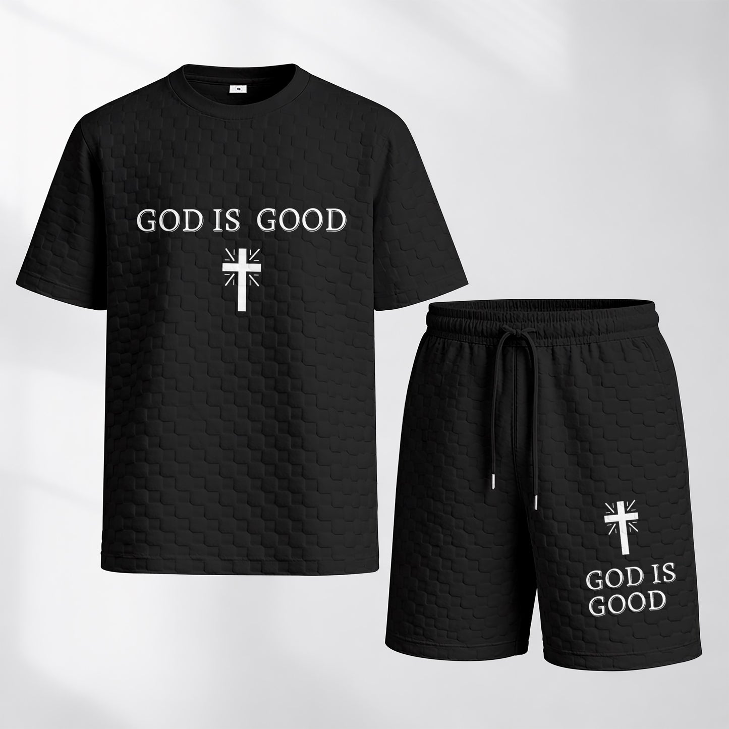 Men's Spring and Summer God is Good Letter Print Checkered Fabric Drawstring Shorts Set, Casual Summer Outfit with Short-Sleeved Shirt and Shorts, Ideal for Everyday Wear and Sports Activities
