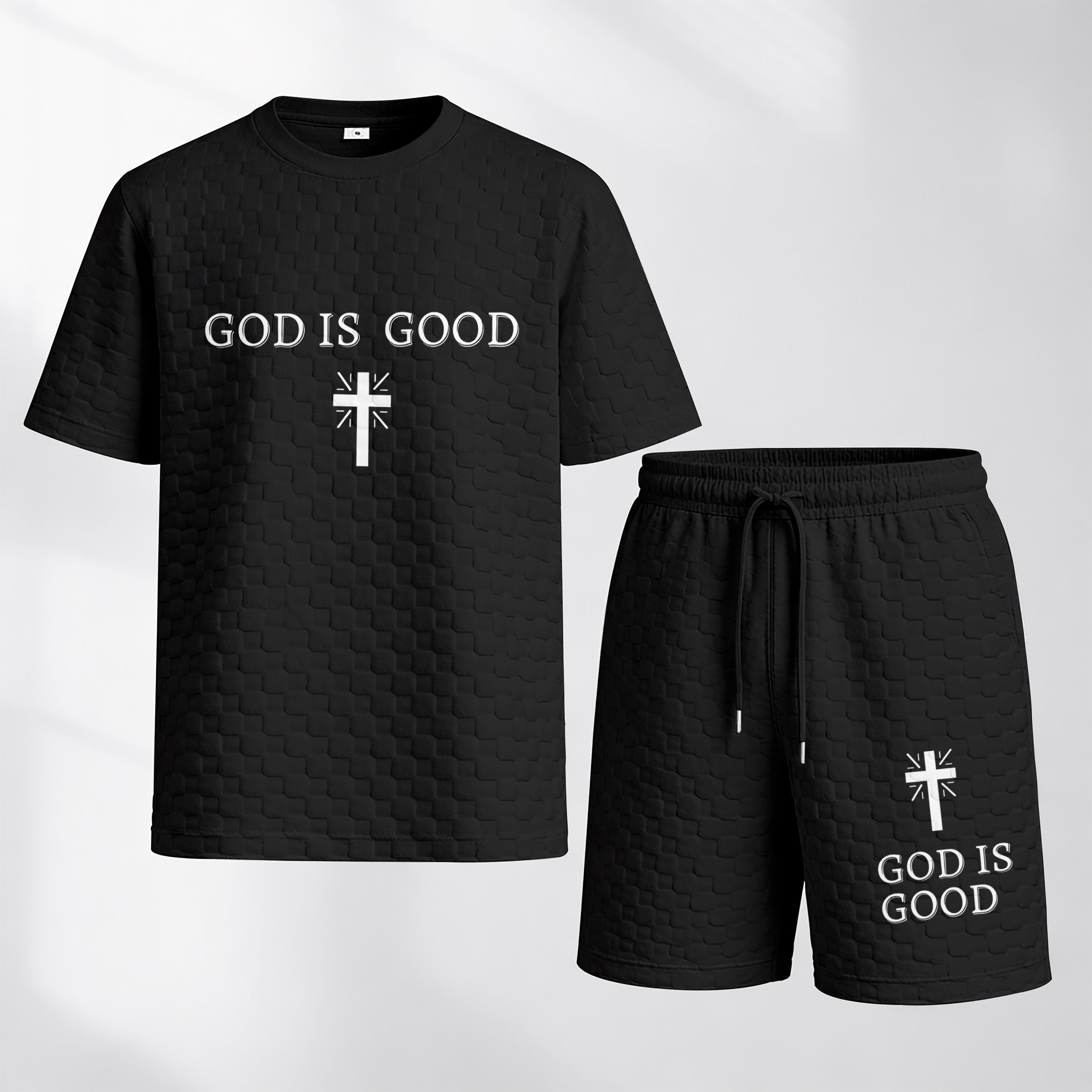Men's Spring and Summer God is Good Letter Print Checkered Fabric Drawstring Shorts Set, Casual Summer Outfit with Short-Sleeved Shirt and Shorts, Ideal for Everyday Wear and Sports Activities