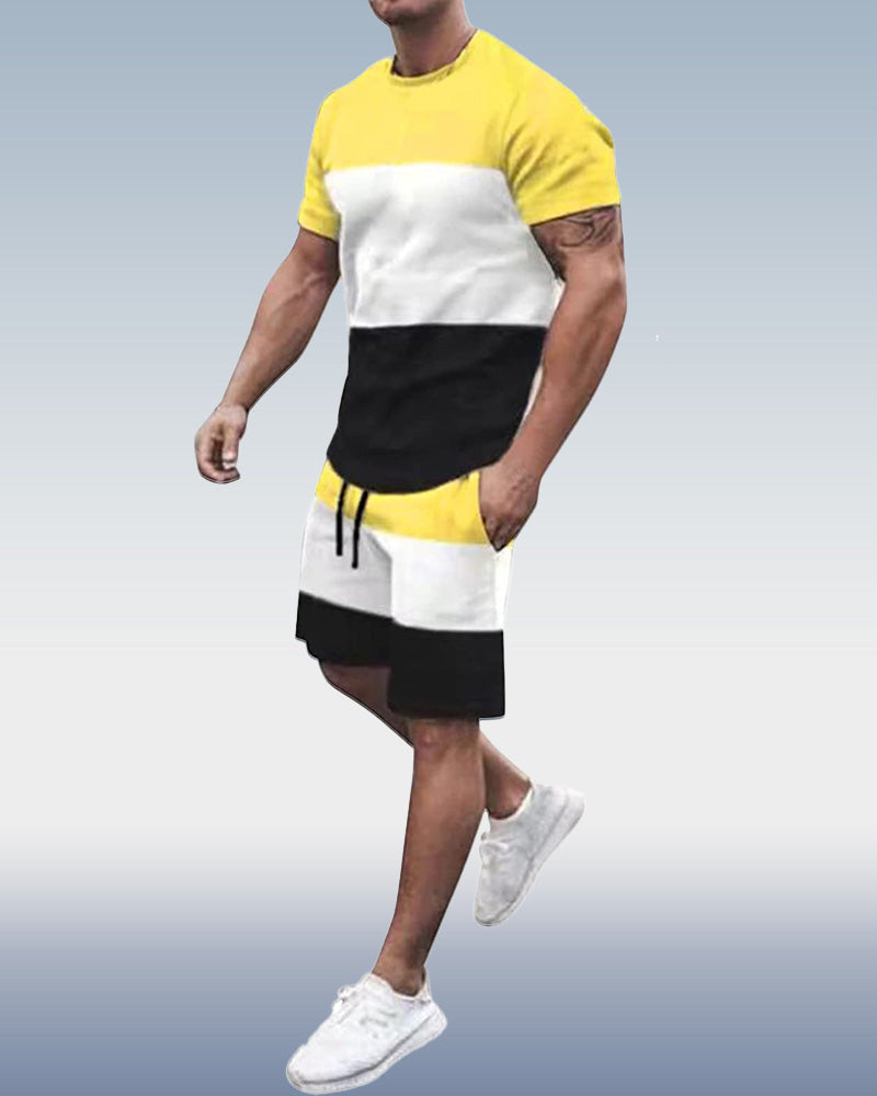 Suitmens Men's Simple Colorblock Print Shorts Set 079