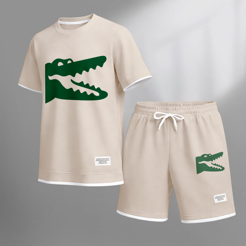 Men's Casual Style Crocodile Print Waffle Fabric Short-Sleeved Shirt And Shorts Set