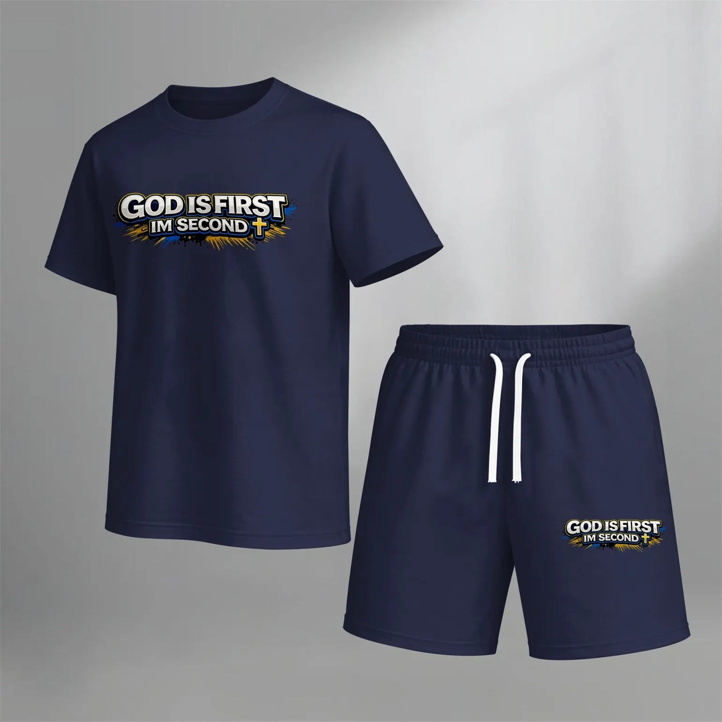 Men’s Christian Summer 2 Piece Set, God Is First I’m Second Graphic Short Sleeve T Shirt and Drawstring Shorts Matching Outfit, Lightweight Breathable Casual Set for Beach, Vacation, Gym, Travel, and Daily Wear