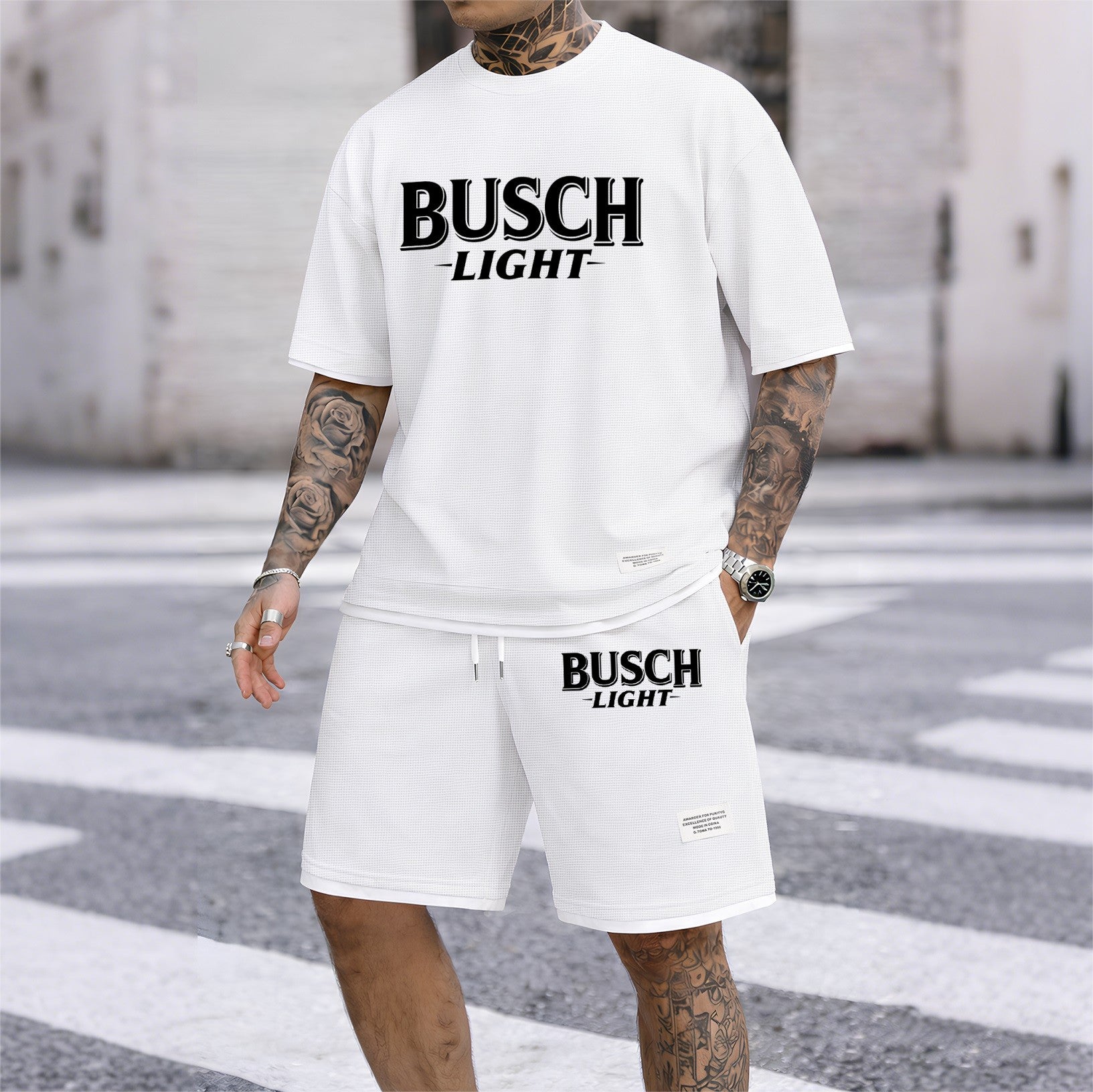 Men's vintage beverage print drawstring shorts set, suitable for spring and summer wear. This casual summer set includes a short-sleeved shirt and shorts, perfect for everyday wear and sports. Two-piece set design.