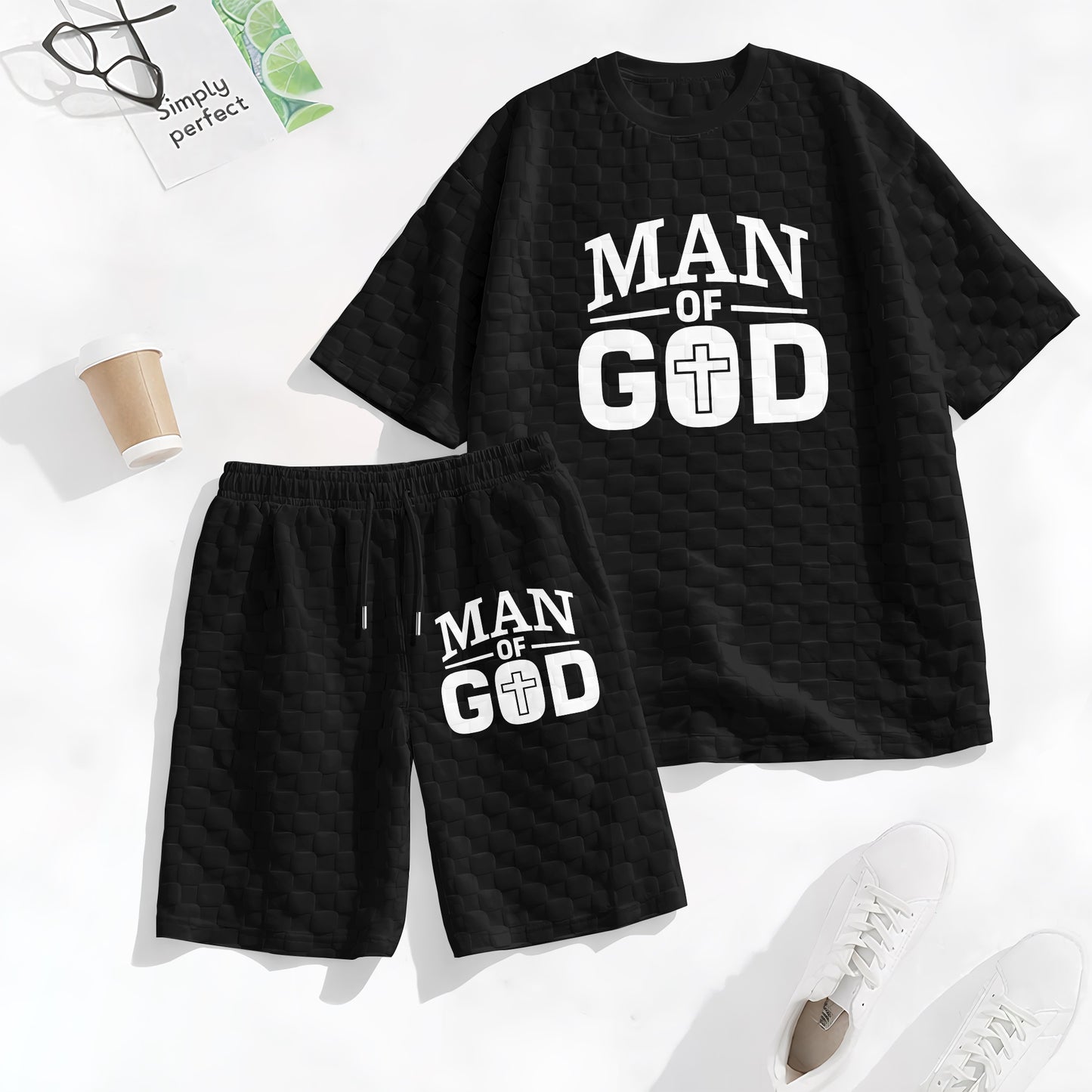 Men's Spring and Summer 'Man of God' Letter Print Checkered Fabric Drawstring Shorts Set, Casual Summer Outfit with Short-Sleeved Shirt and Shorts, Ideal for Everyday Wear and Sports Activities.