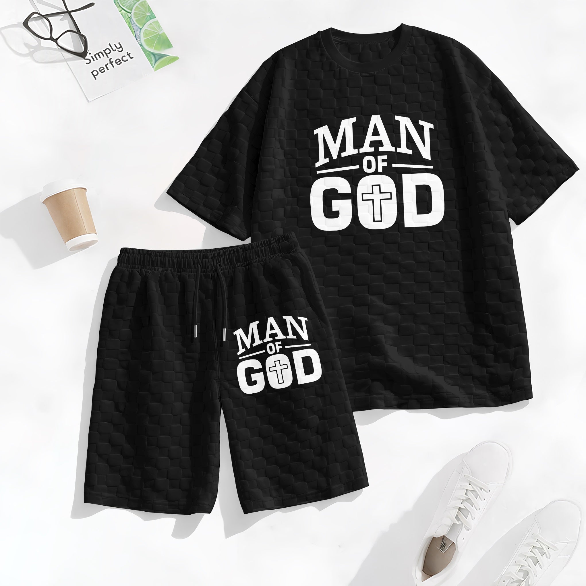 Men's Spring and Summer 'Man of God' Letter Print Checkered Fabric Drawstring Shorts Set, Casual Summer Outfit with Short-Sleeved Shirt and Shorts, Ideal for Everyday Wear and Sports Activities.
