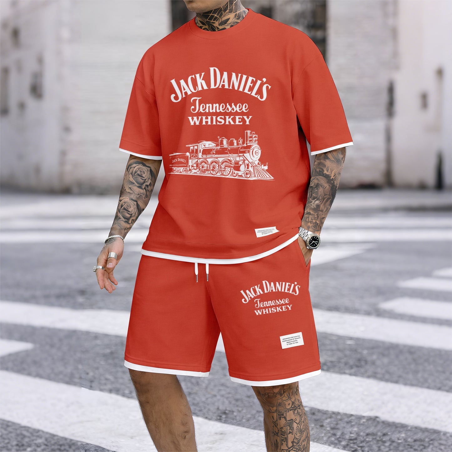 Men's Beer Print Drawstring Shorts Set, Suitable For Spring And Summer Wear, Casual Summer Set, Including Short-Sleeved Shirt And Shorts, Suitable For Everyday Wear And Sports.