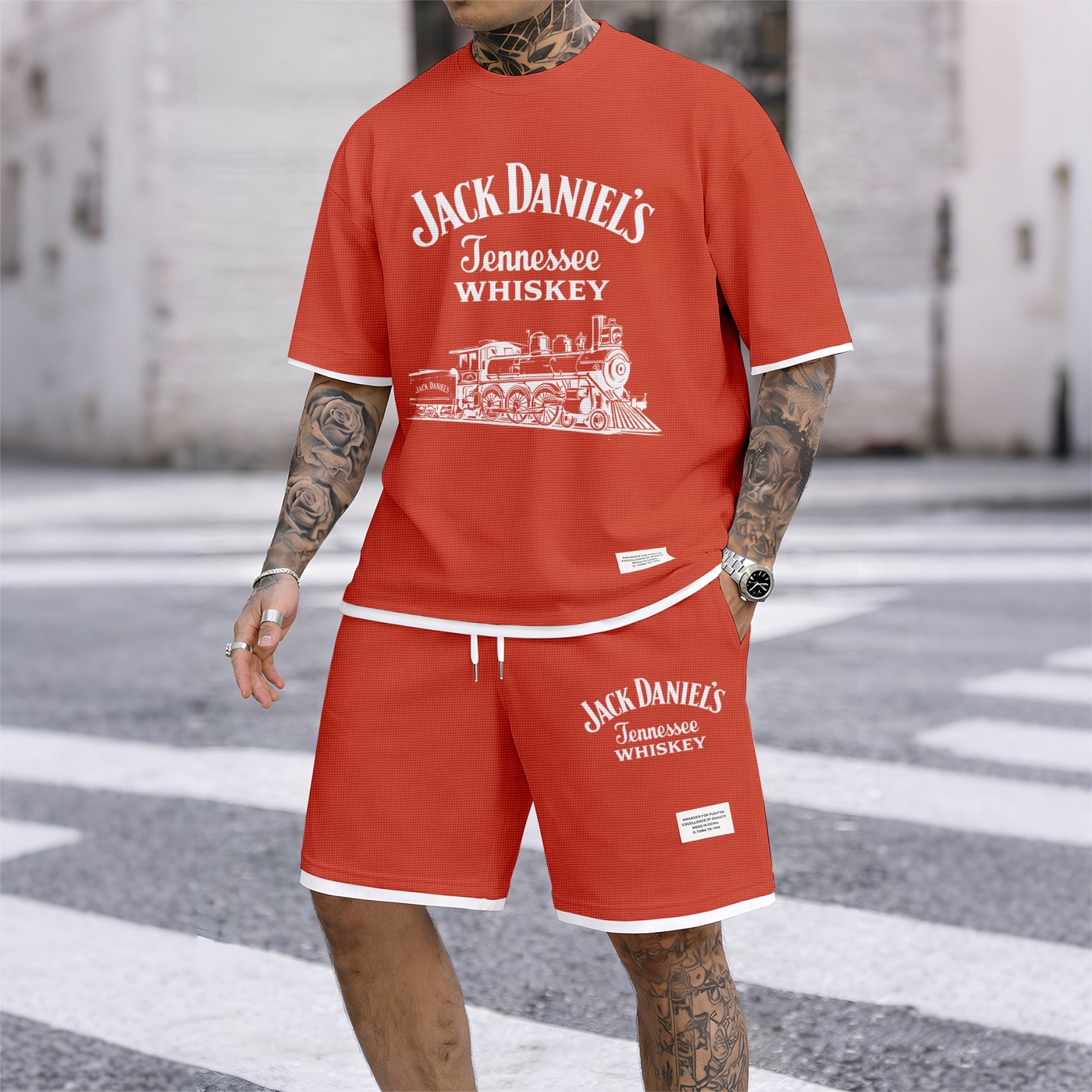 Men's Beer Print Drawstring Shorts Set, Suitable For Spring And Summer Wear, Casual Summer Set, Including Short-Sleeved Shirt And Shorts, Suitable For Everyday Wear And Sports.