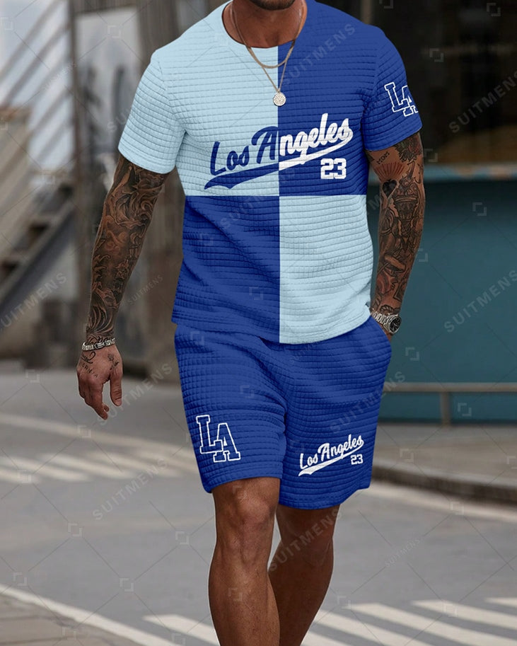 Men's Casual Waffle Textured Summer Round Neck Short Sleeve Shorts Set 009