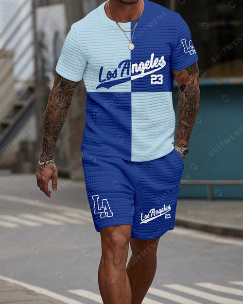 Men's Casual Waffle Textured Summer Round Neck Short Sleeve Shorts Set 009