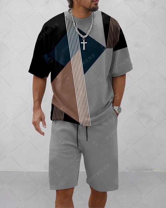 Men's Summer Colorblock Printed Round Neck Suit 084