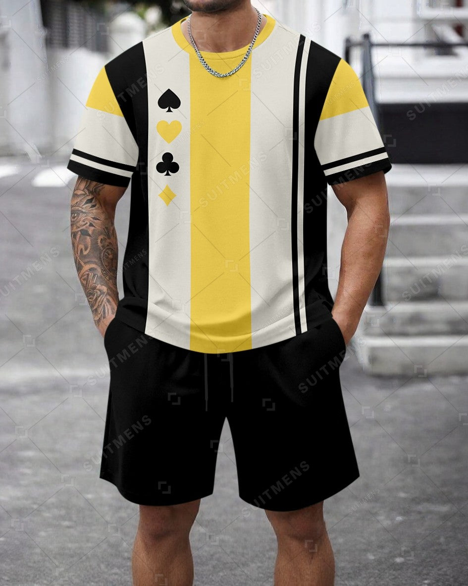 Men's Summer Colorblock Printed Round Neck Set 474