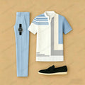 Men's Casual Blue & White Geometry Printed Short-Sleeve T-Shirt And Pants Two-Piece Set