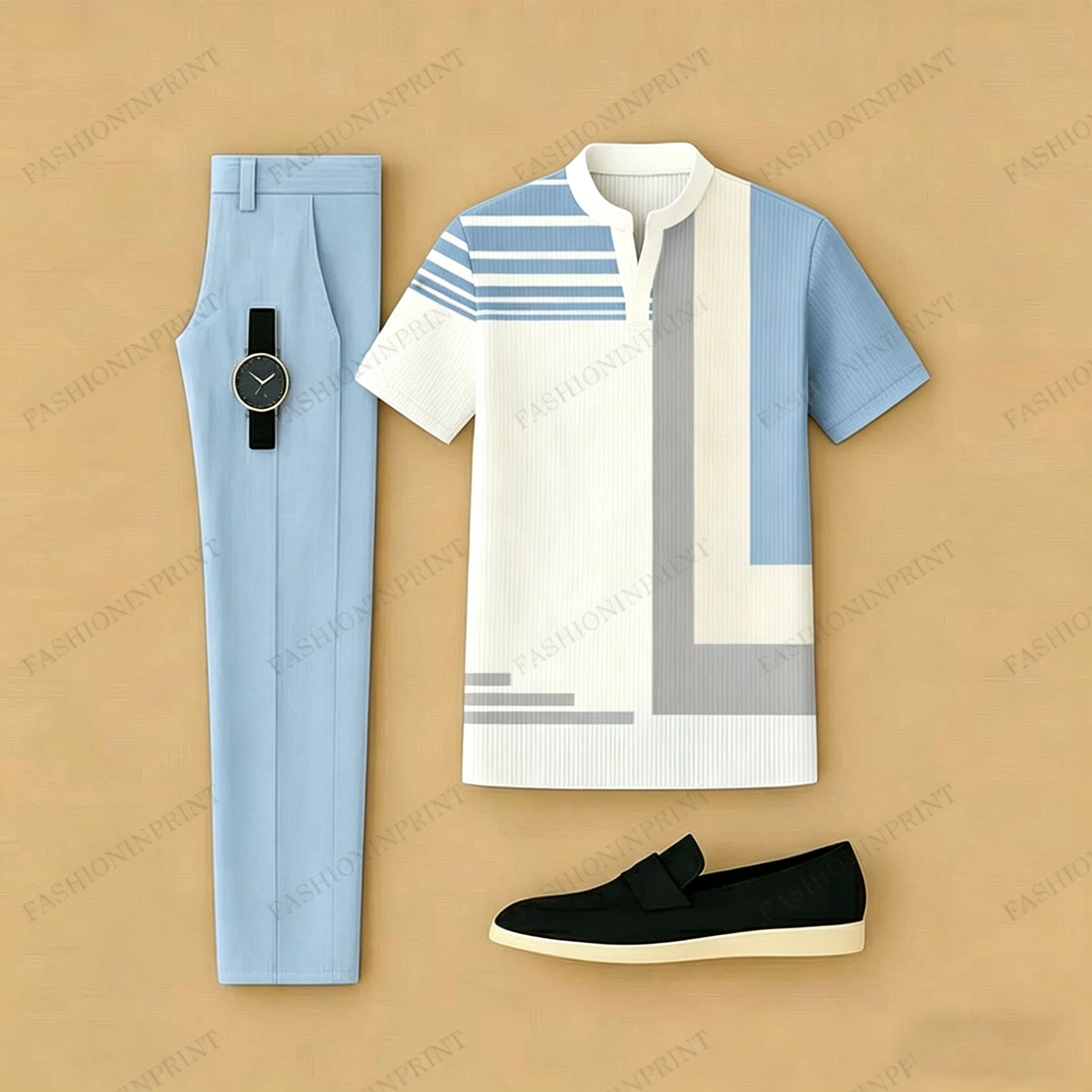 Men's Casual Blue & White Geometry Printed Short-Sleeve T-Shirt And Pants Two-Piece Set