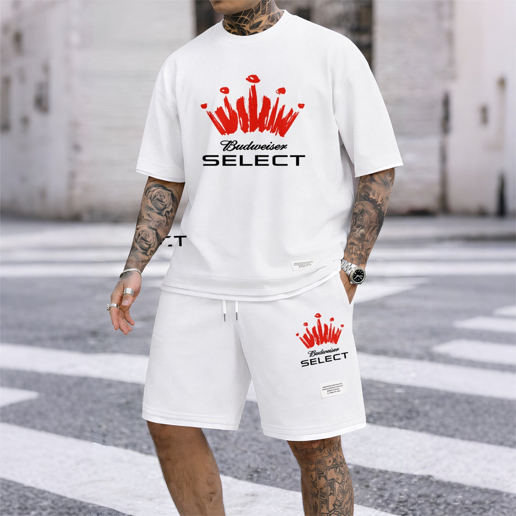 Men's Mexican Vacation Beer Print Waffle Fabric Short-Sleeved Shirt And Shorts Set