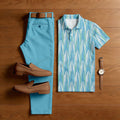 Men's Casual Blue & White Color Matching Geometric Printed Short Sleeved Polo Shirt & Trousers Two-Piece Set