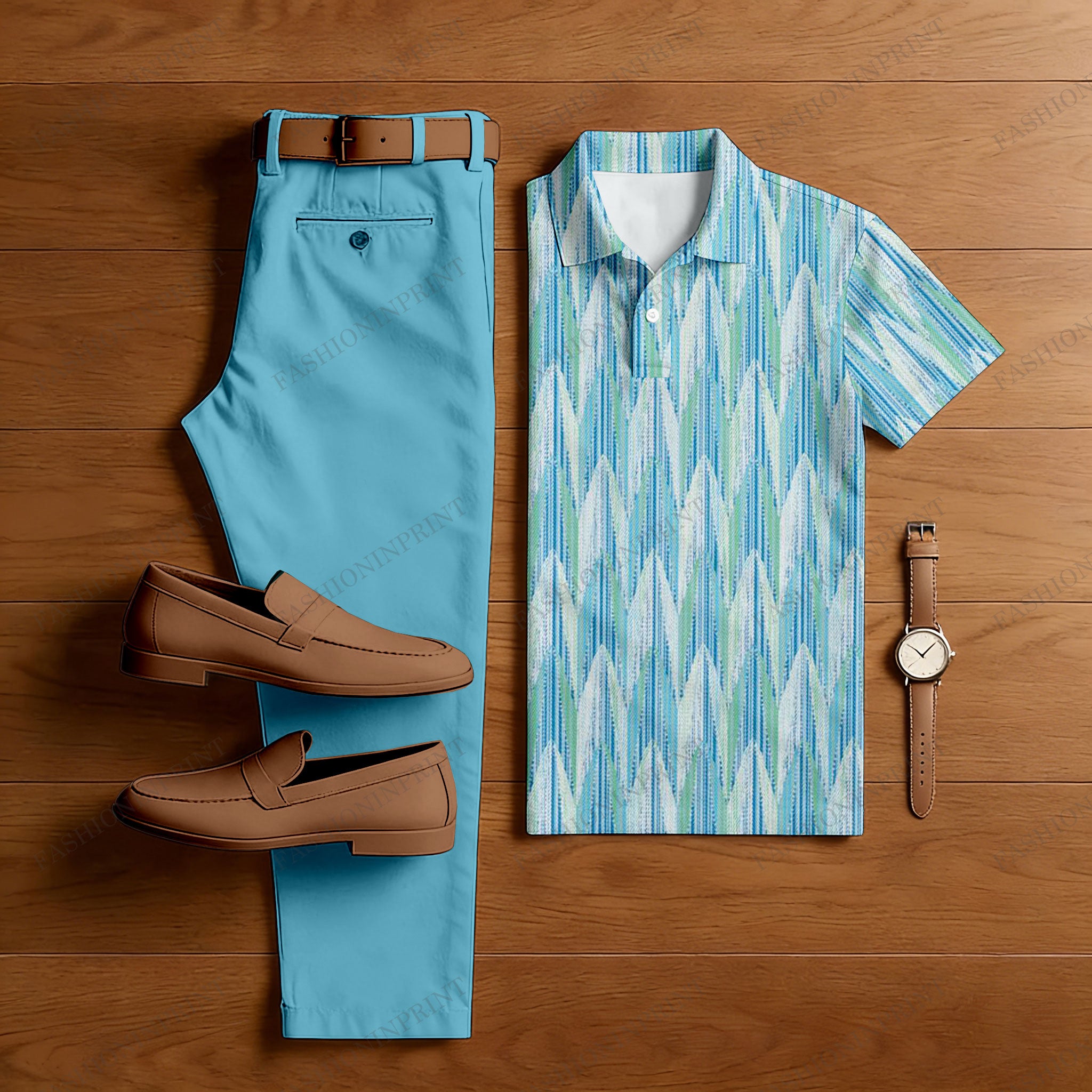 Men's Casual Blue & White Color Matching Geometric Printed Short Sleeved Polo Shirt & Trousers Two-Piece Set