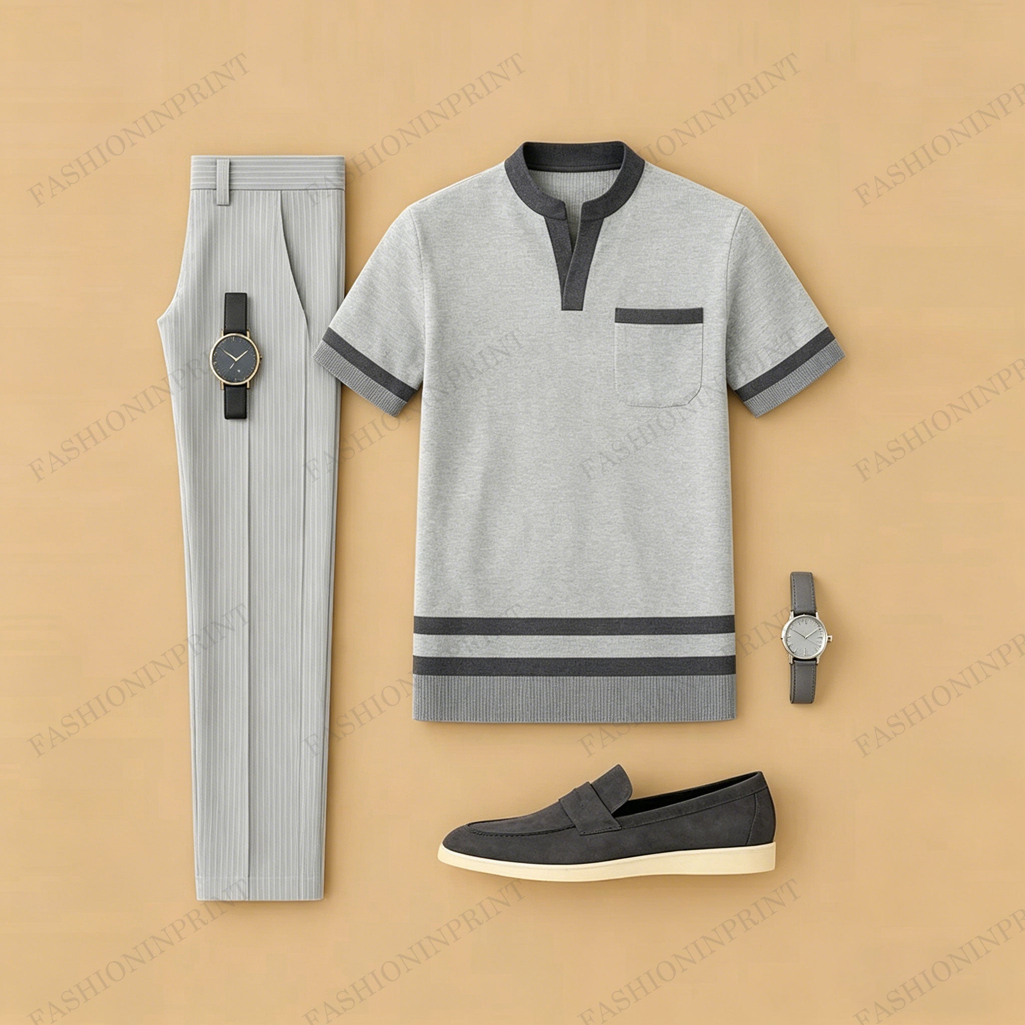 Men's Casual Grey Stripes Printed Short-Sleeve T-Shirt And Pants Two-Piece Set