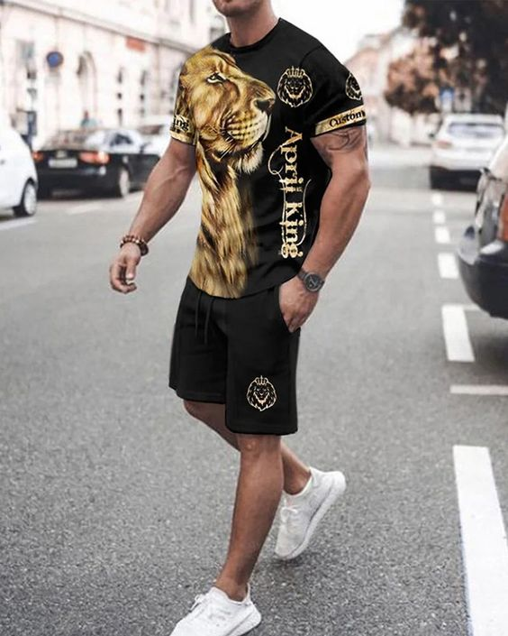 Suitmens Men's Trendy Lion Print Shorts Suit