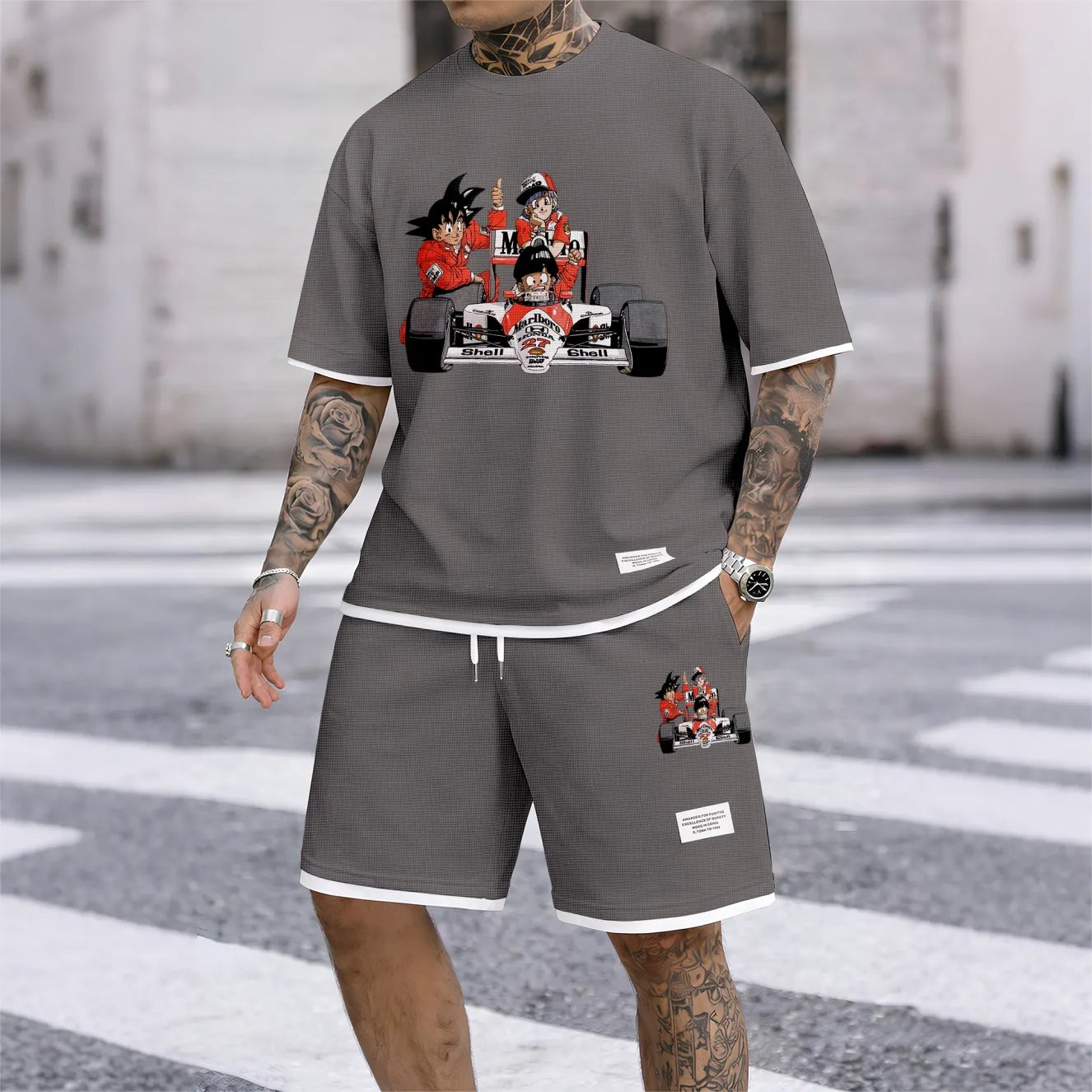 Men's Anime Racing Print Waffle Fabric Short-Sleeved Shirt And Shorts Set