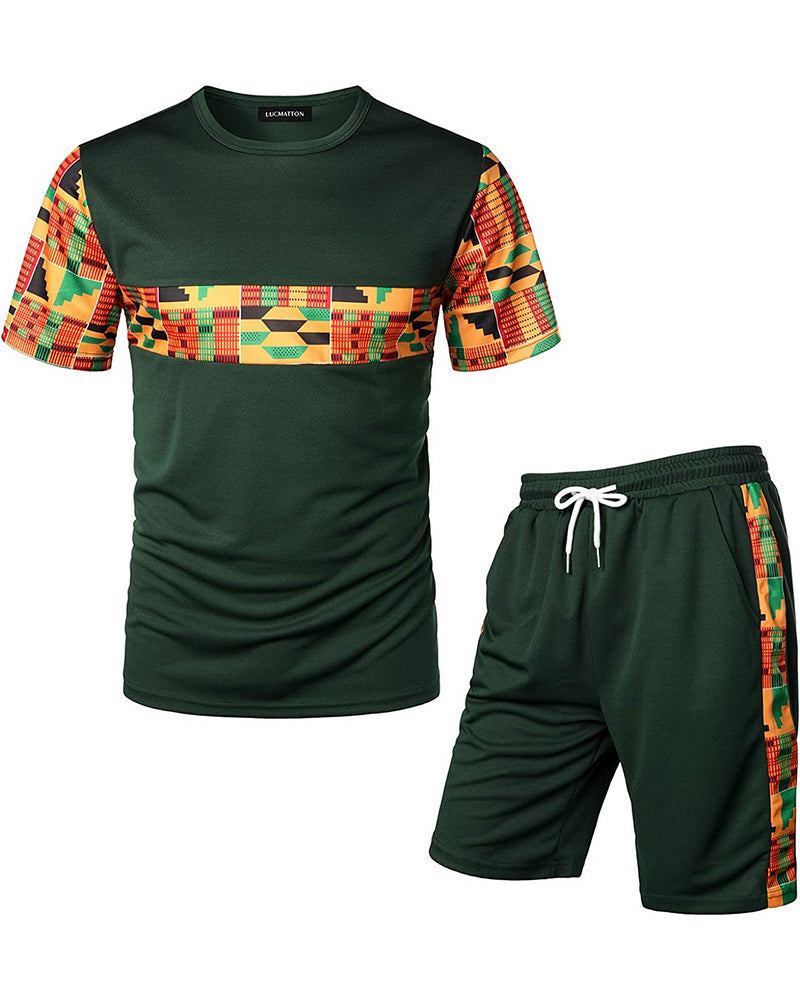 Men's Printed Colorblock T-Shirt and Shorts Set 016