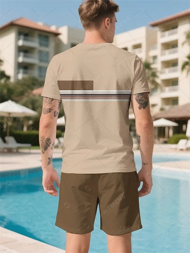 Men's Summer Colorblock Printed Round Neck Set 750