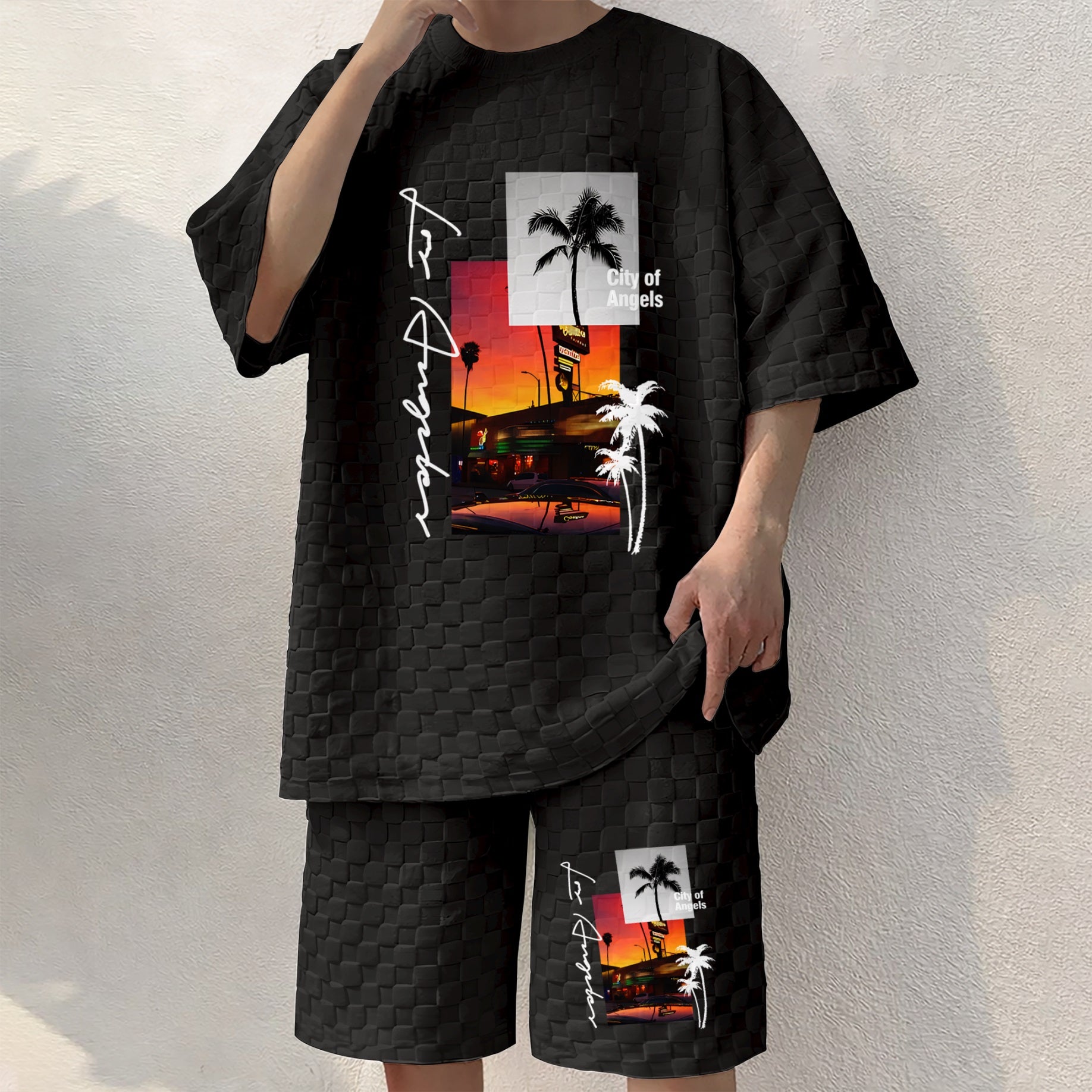 Men's Resort Graphic Print Spring And Summer Drawstring Shorts Set, A Casual Summer Outfit, Including A Short-Sleeved Shirt And Shorts, Suitable For Everyday Wear And Sports Activities.