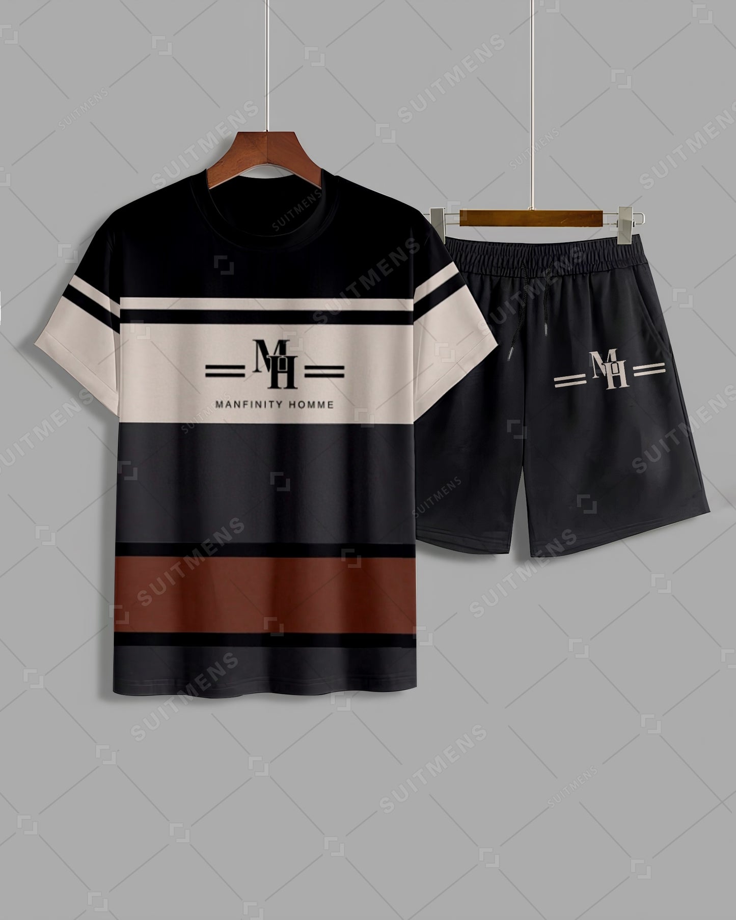 Men's Summer Colorblock Printed Round Neck Suit 04