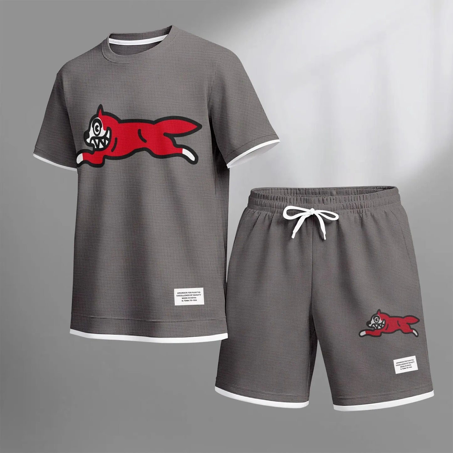 Men's Running Dog print drawstring shorts set for spring/summer, a casual summer outfit including a short-sleeved shirt and shorts, suitable for everyday wear and sports. A two-piece set for a relaxed and energetic lifestyle.