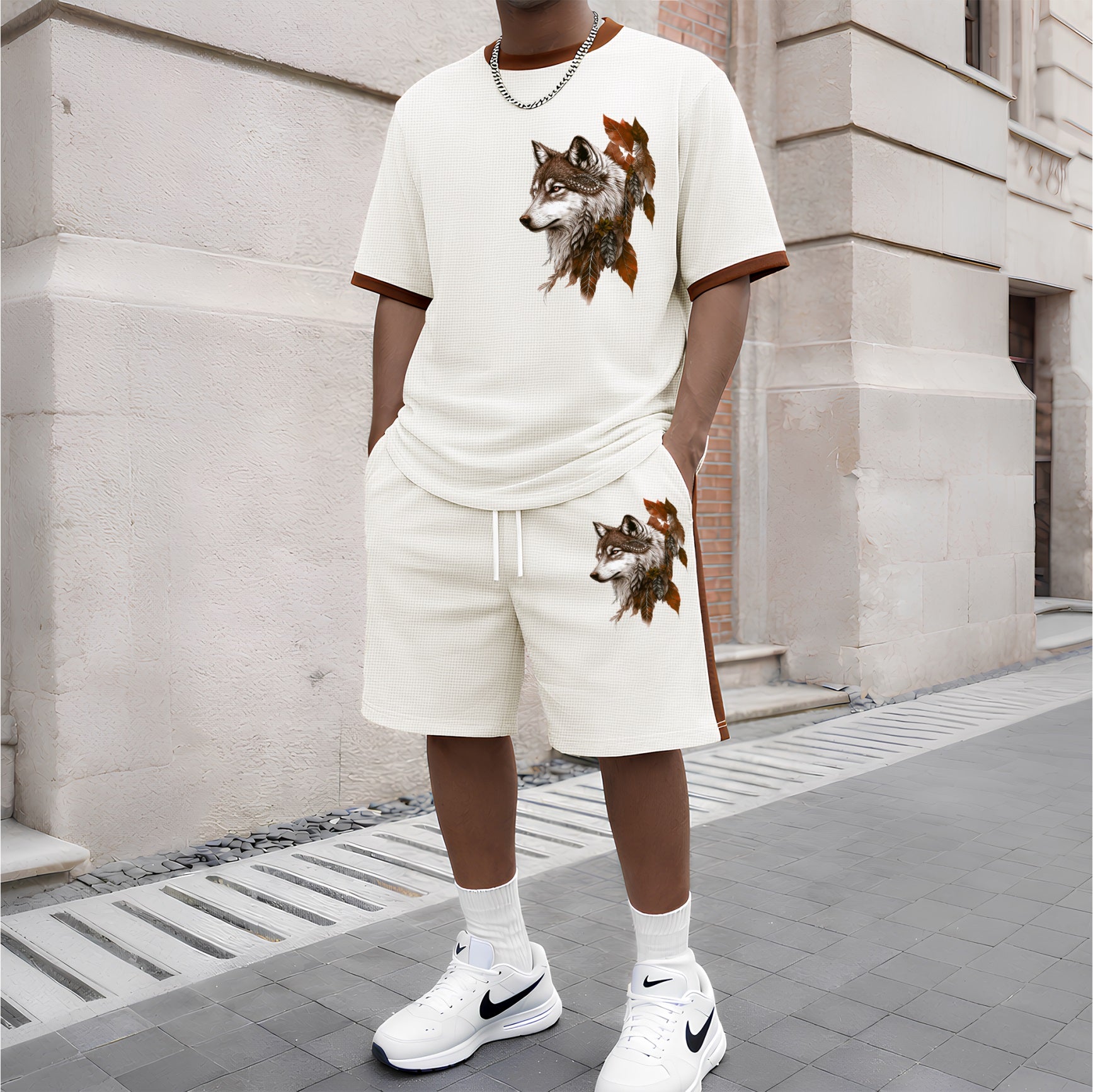 Men's Wolf King Pattern Short-Sleeve T-Shirt and Drawstring Shorts Set, Men's Clothing, Casual Sportswear Short-Sleeve Top and Shorts, Summer Men's Everyday Wear, Indoor and Outdoor Sportswear, Sports Set
