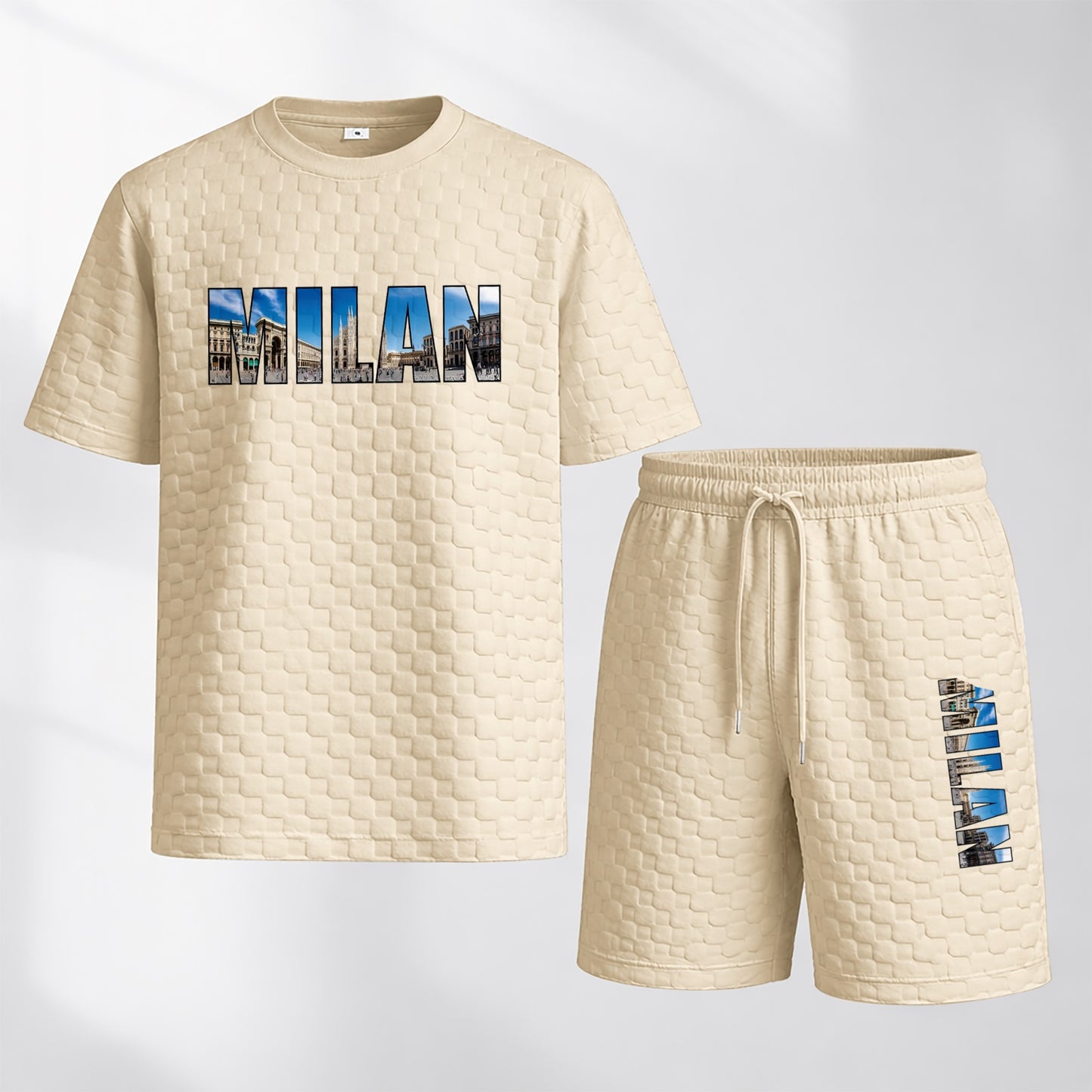 Men's Spring and Summer Milan Letter Print Checkered Fabric Drawstring Shorts Set, Casual Summer Outfit with Short-Sleeved Shirt and Shorts, Ideal for Everyday Wear and Sports Activities