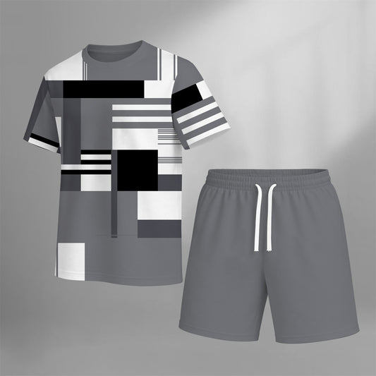 Men’s Casual Graphic T Shirt and Shorts Set, Geometric Pattern Summer 2 Piece Outfit, Soft Breathable Matching Set with Drawstring Shorts for Beach, Outdoor Activities, Travel, Workout, and Everyday Style
