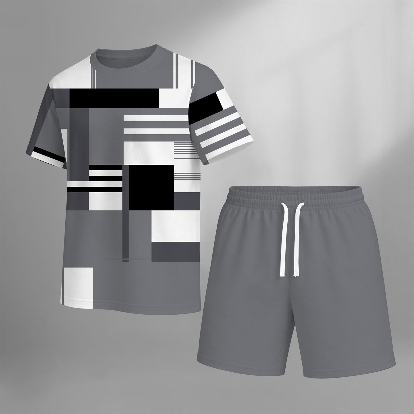 Men’s Casual Graphic T Shirt and Shorts Set, Geometric Pattern Summer 2 Piece Outfit, Soft Breathable Matching Set with Drawstring Shorts for Beach, Outdoor Activities, Travel, Workout, and Everyday Style
