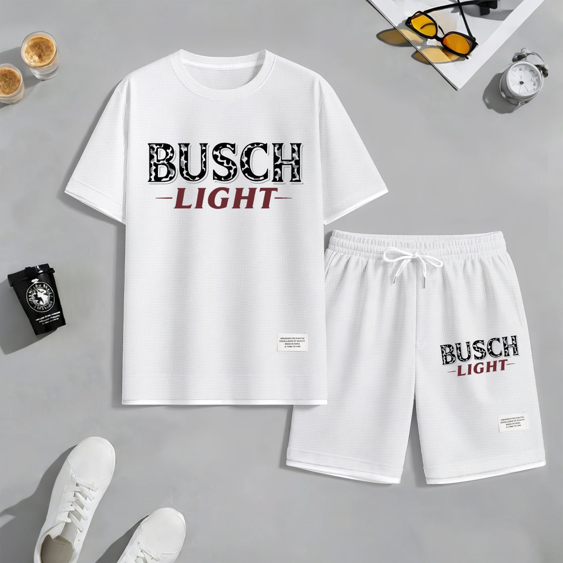 Men's Camping Beer Print Waffle Fabric Short-Sleeved Shirt And Shorts Set