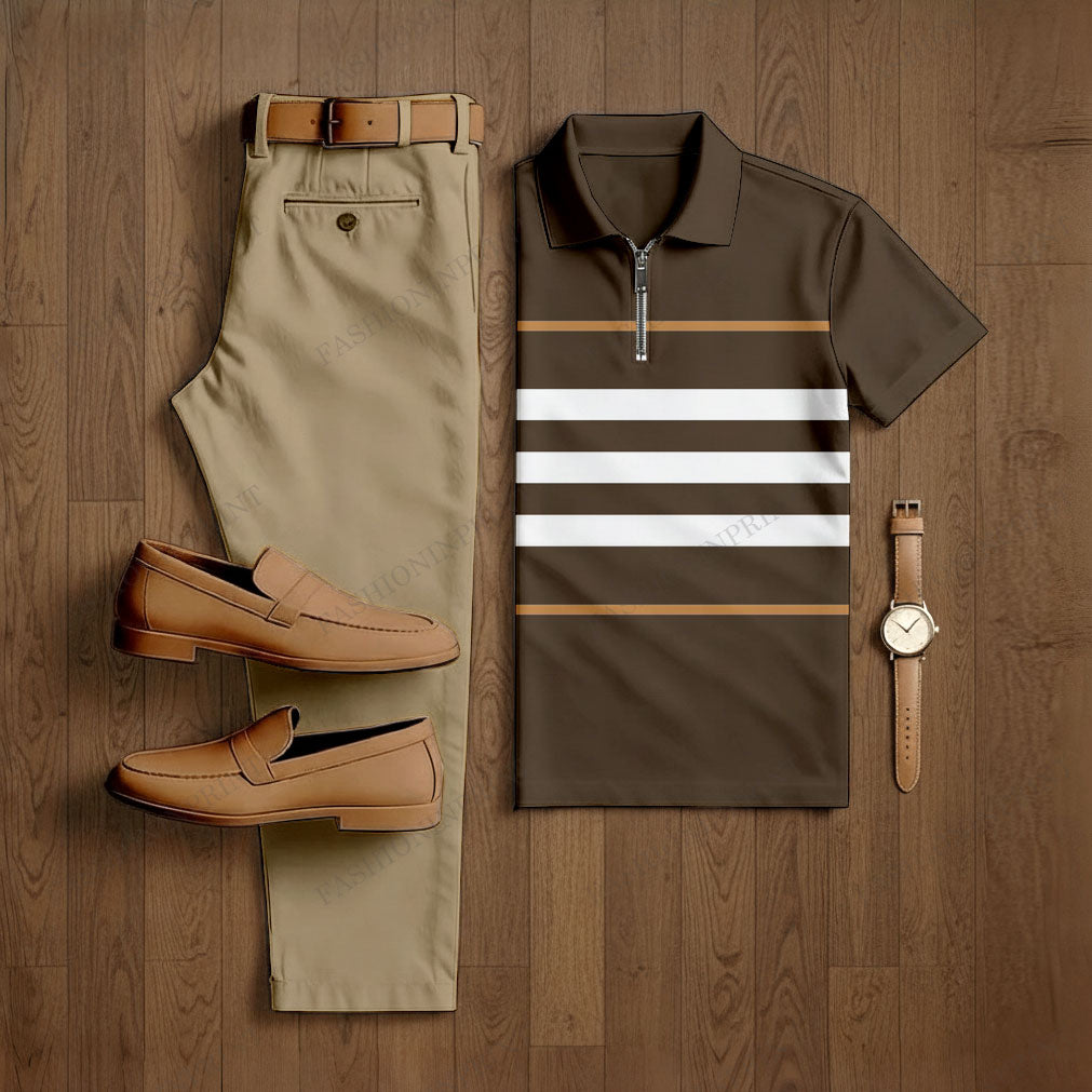 Men's Casual Coffee & Khaki Color Matching Striped Printed Short Sleeved Polo Shirt & Trousers Two-Piece Set