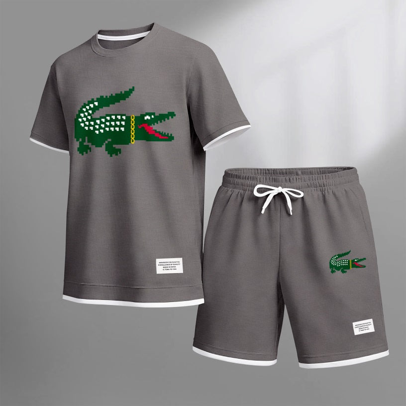 Men's Hip-Hop Crocodile Print Waffle Fabric Short-Sleeved Shirt And Shorts Set 02