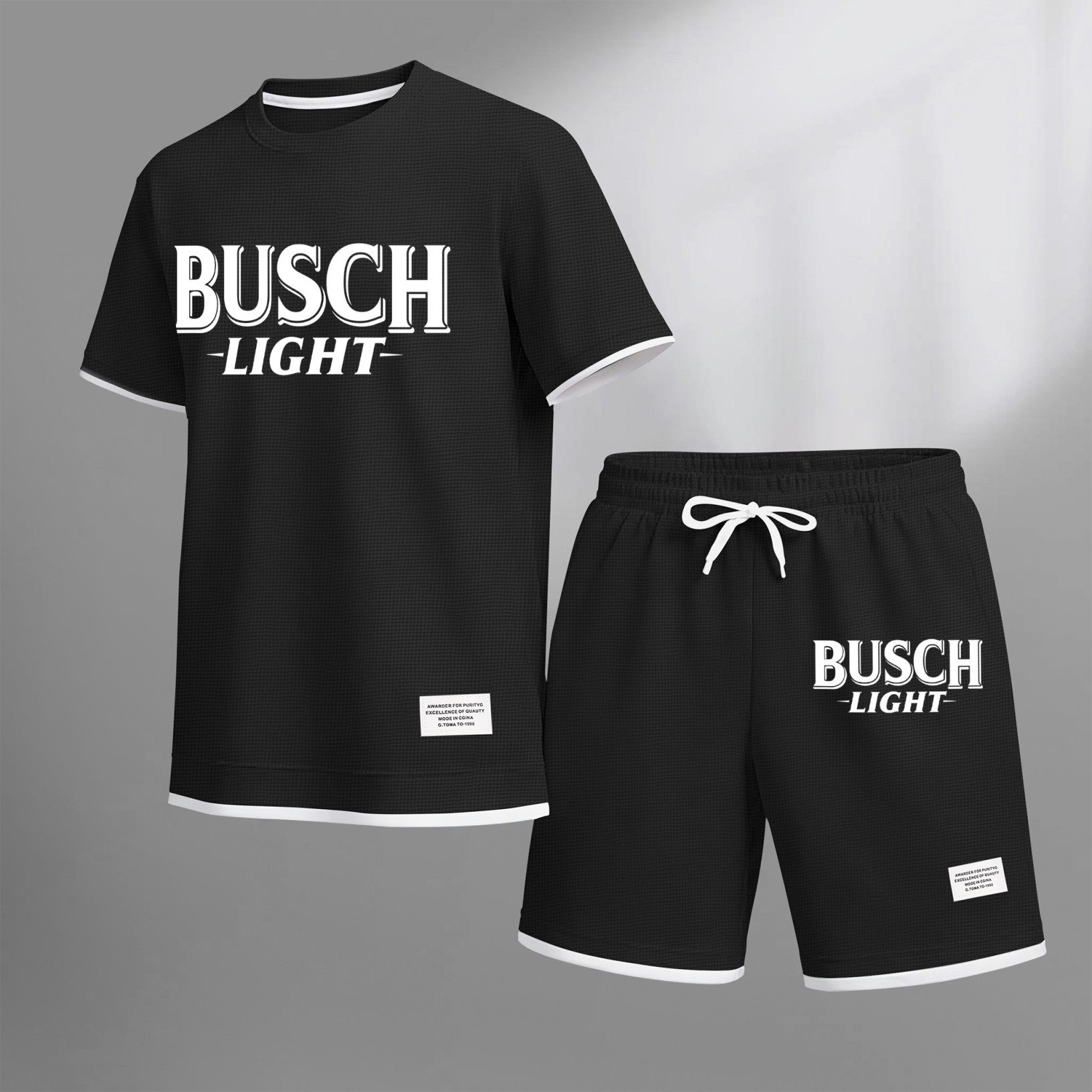 Men's vintage beverage print drawstring shorts set, suitable for spring and summer wear. This casual summer set includes a short-sleeved shirt and shorts, perfect for everyday wear and sports. Two-piece set design.