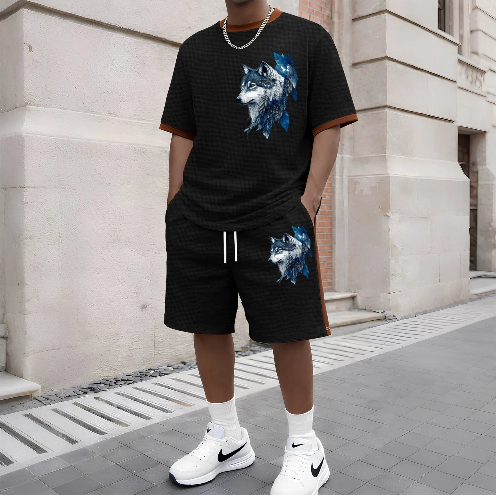 Men's Wolf King Pattern Short-Sleeve T-Shirt and Drawstring Shorts Set, Men's Clothing, Casual Sportswear Short-Sleeve Top and Shorts, Summer Men's Everyday Wear, Indoor and Outdoor Sportswear, Sports Set