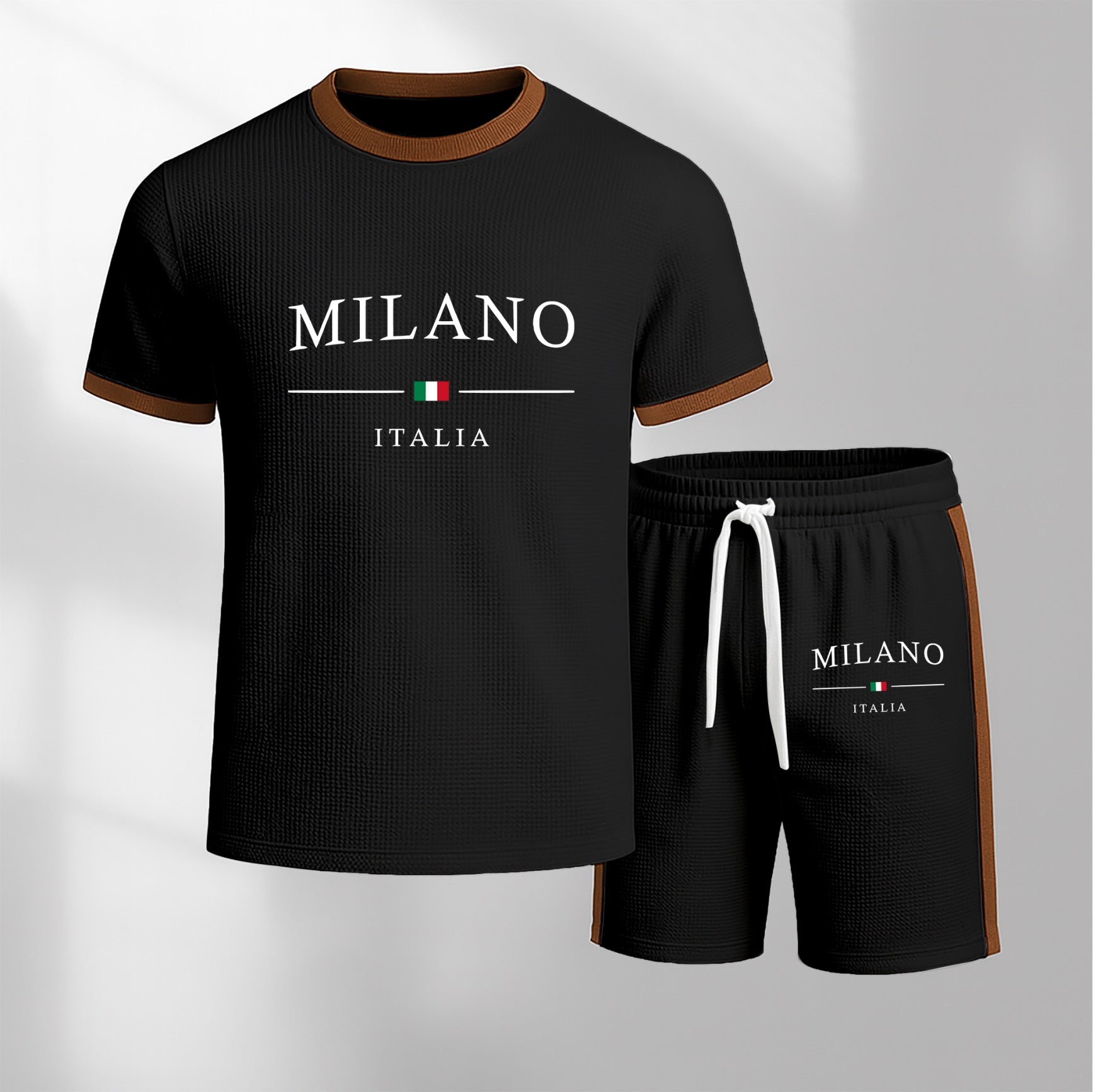Men's Milan Letter Pattern Short-Sleeve T-Shirt and Drawstring Shorts Set, Men's Clothing, Casual Sportswear Short-Sleeve Top and Shorts, Summer Men's Everyday Wear, Indoor and Outdoor Sportswear, Sports Set