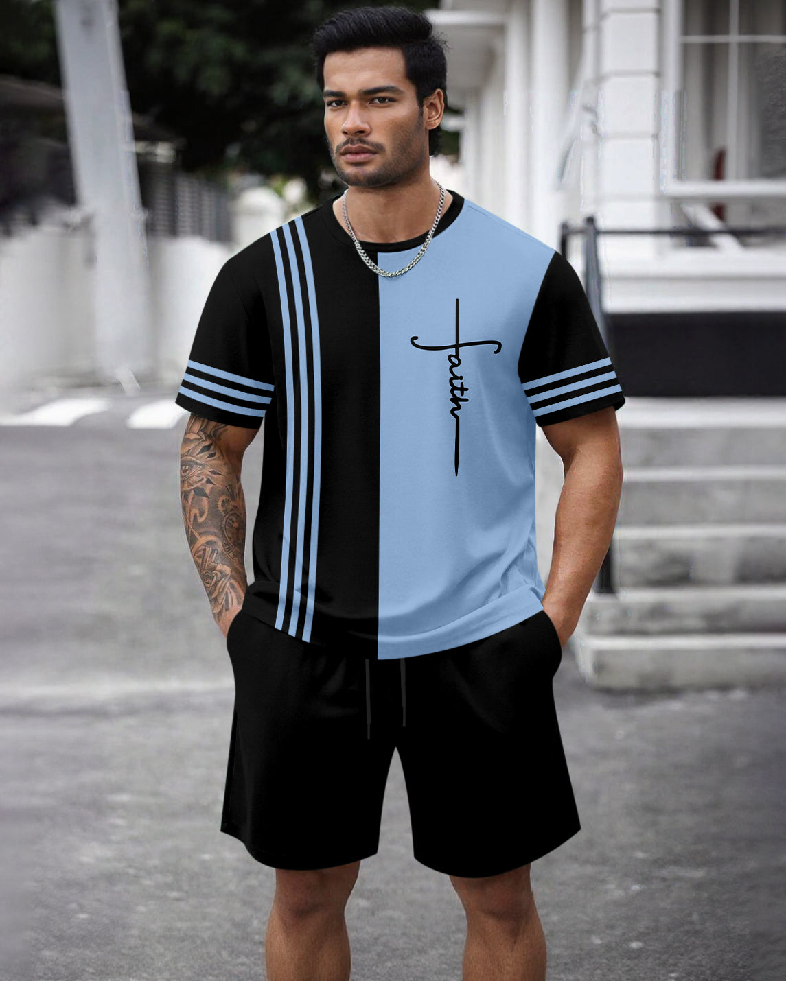 Men's Summer Colorblock Printed Round Neck Set 470